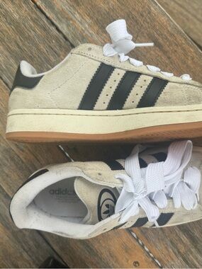 adidas Beige Suede Sneakers with Black Stripes and Gum Sole